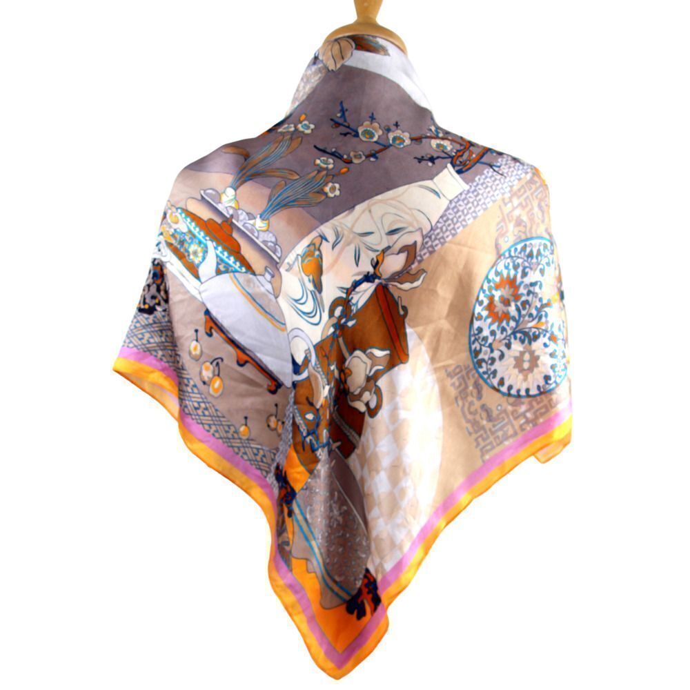 26"x26.5" GOLD BEIGE ORANGE FLORAL PRINT SILK HANDROLLED SCARF SHAWL WRAP (B46
